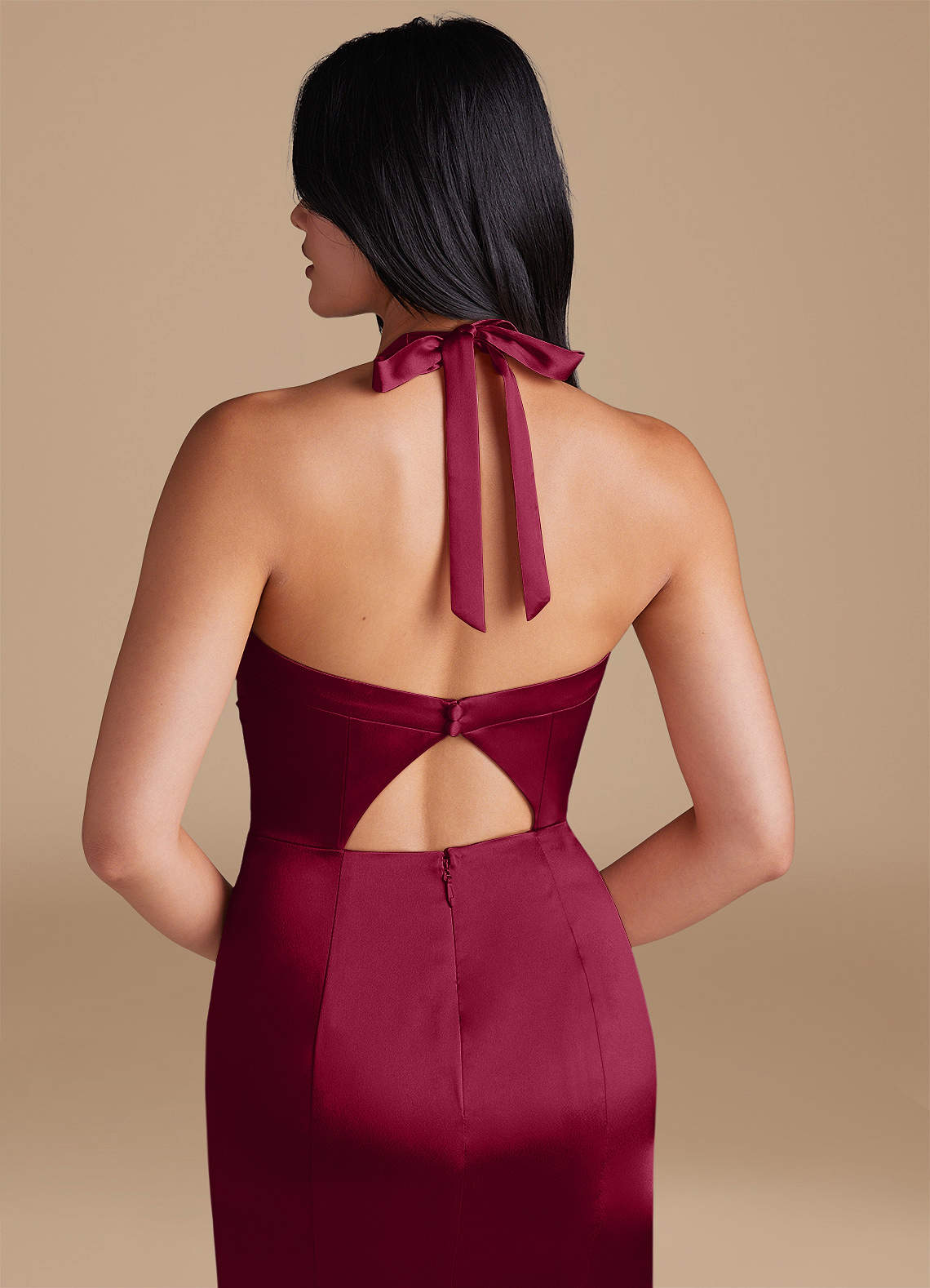 Emeria Sheath Halter Metallic Satin Bridesmaid Dress in Burgundy