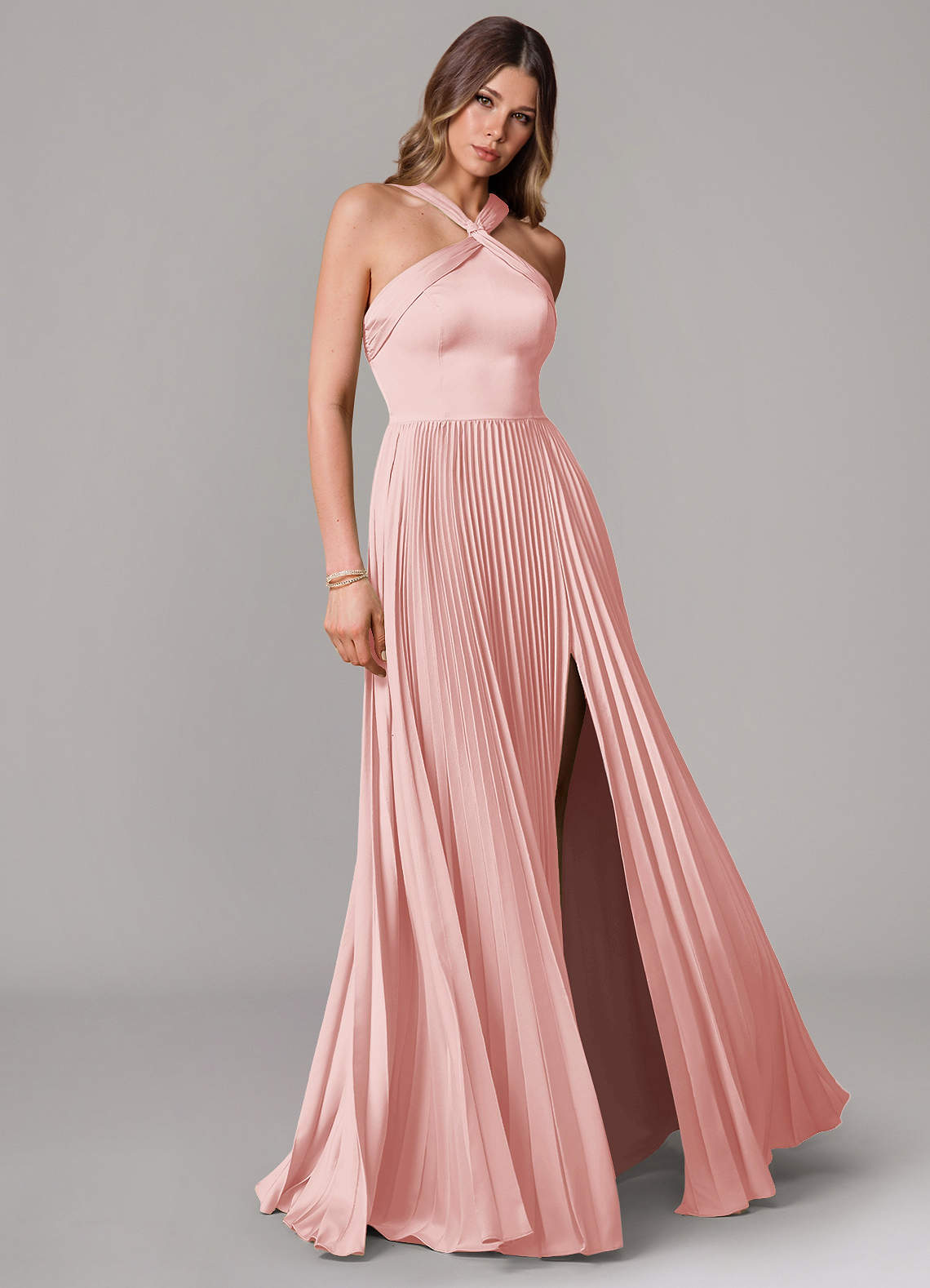 Afra A-Line Halter-Neck Stretch Satin Bridesmaid Dress in Powder Pink