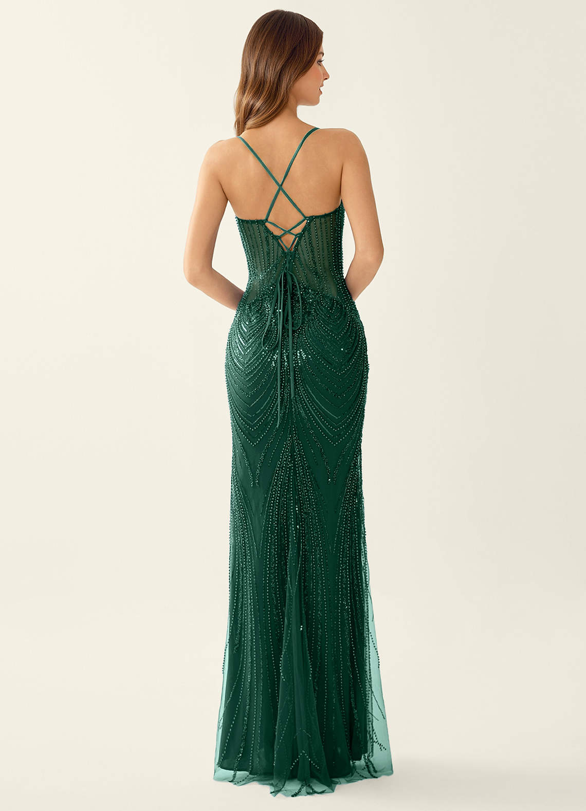 Magnolia Mermaid Beaded Sequined Stretch Mesh Evening Dress in green