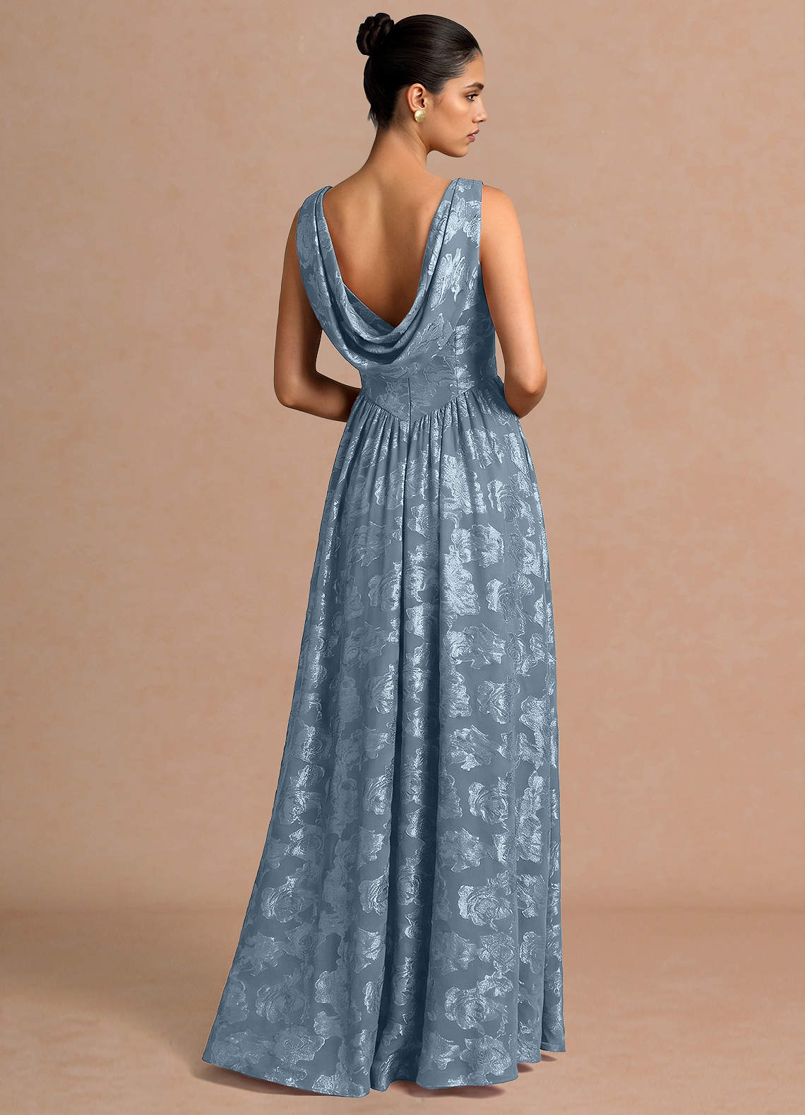 Novi A-Line Draped-Neck Floral Fil Coupé Evening Dress in Dusty Blue