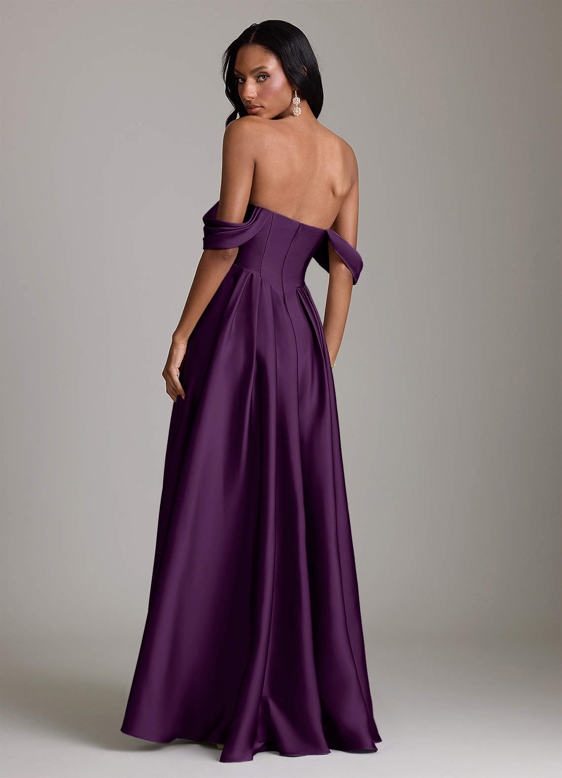 Loisa A-Line Off-the-Shoulder Stretch Satin Bridesmaid Dress in Grape