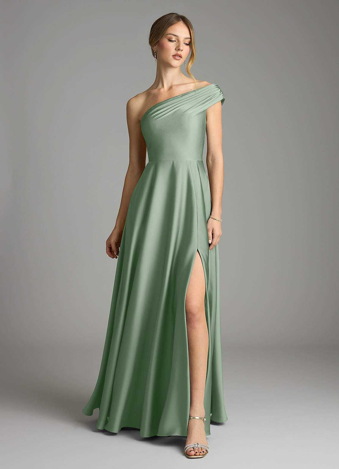 Melanie A-Line One-Shoulder Stretch Satin Bridesmaid Dress in Matcha