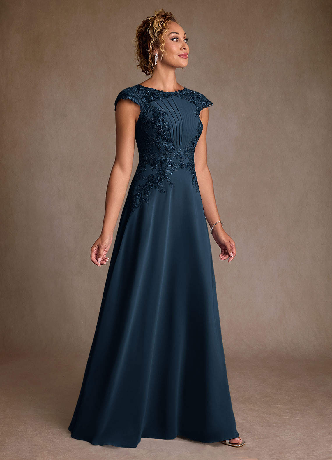 Christi A-Line Scoop-Neck Chiffon and Lace Mother of the Bride Dress in Dark Navy