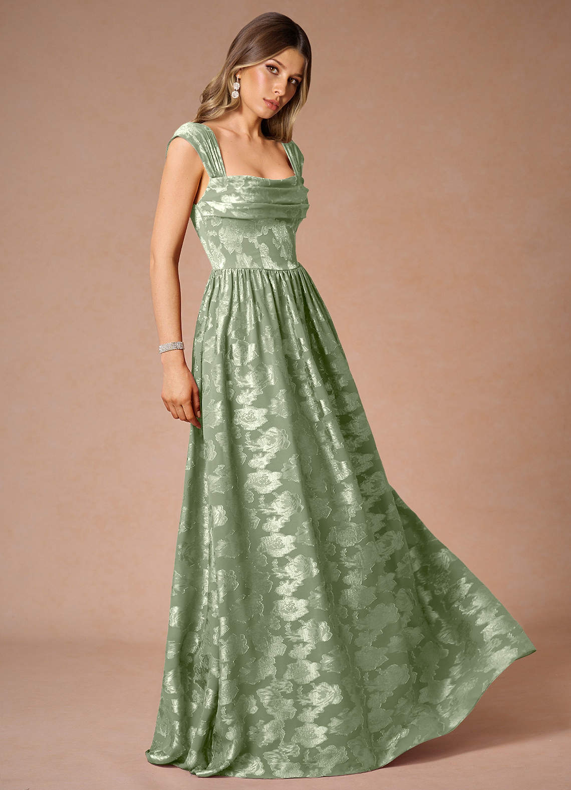 Hazel A-Line Cowl-Neck Fil Coupé Wedding Guest Dress in Light Green