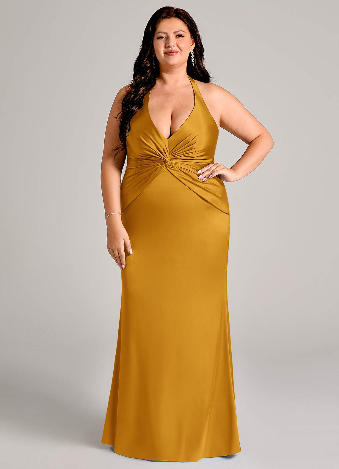 Valerie Mermaid V-Neck Stretch Satin Bridesmaid Dress in butterscotch