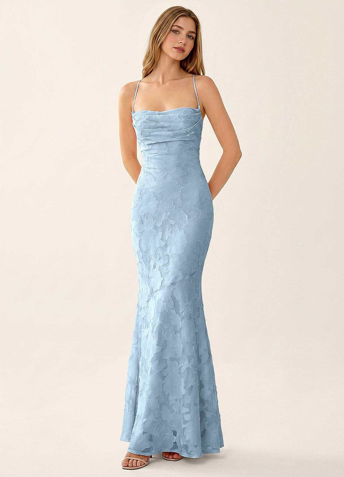 Natasha Mermaid Spaghetti-Strap Floral Burnout Evening Dress in Sky Blue