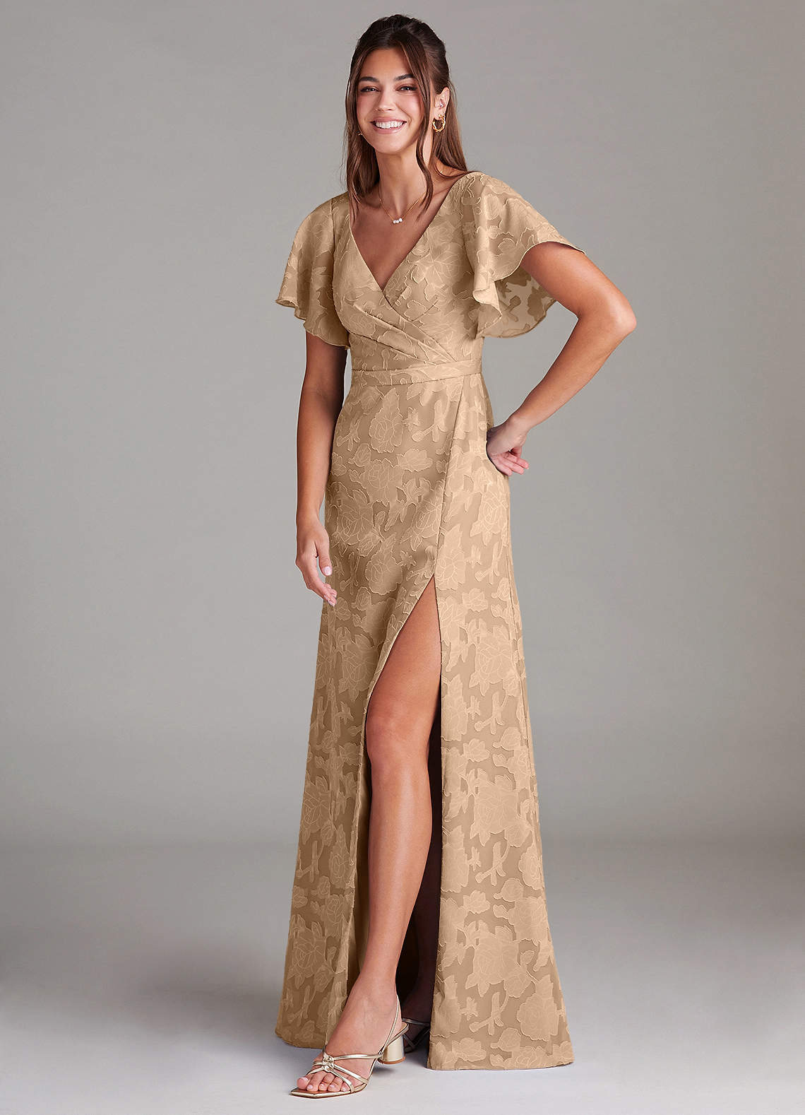 Ambrosia A-Line V-Neck Floral Burnout Bridesmaid Dress in Champagne