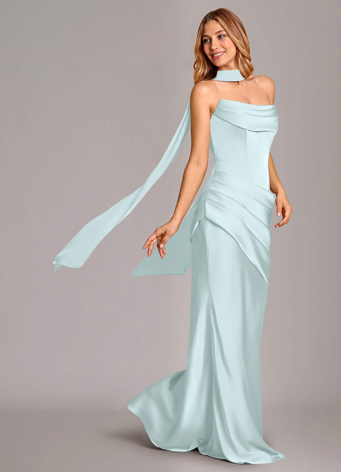 Pelagia Mermaid Cowl-Neck Stretch Satin Bridesmaid Dress in Sea Glass