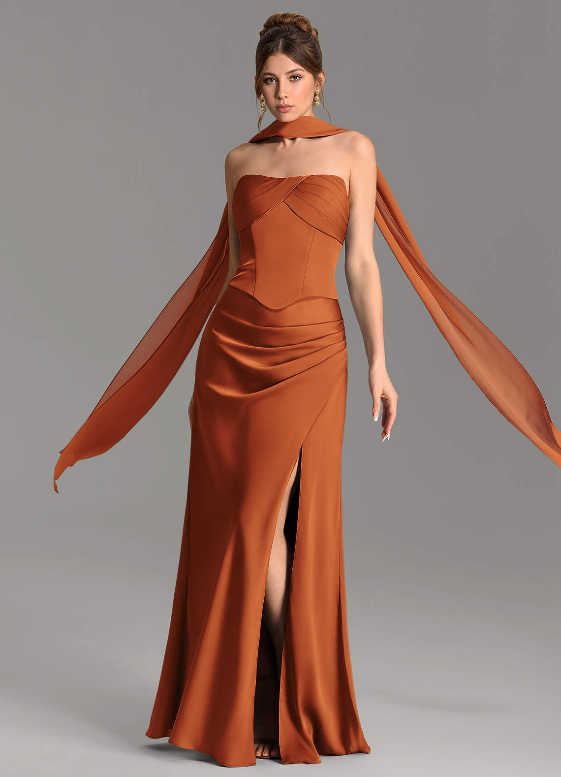 Nicki Sheath Scoop-Neck Stretch Satin Bridesmaid Dress in Cinnamon