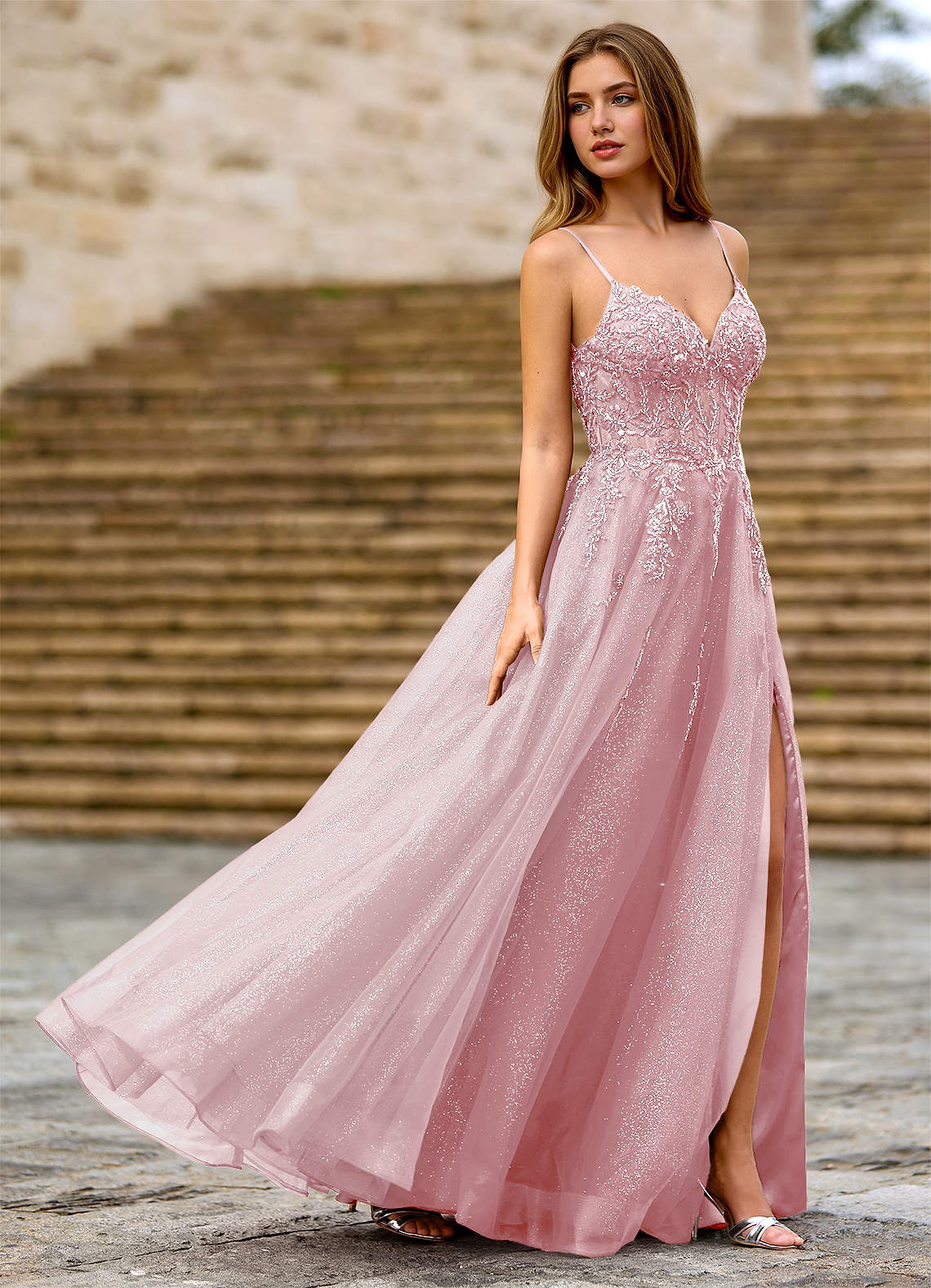 Milliener A-Line V-Neck Tulle Evening Dress in pink