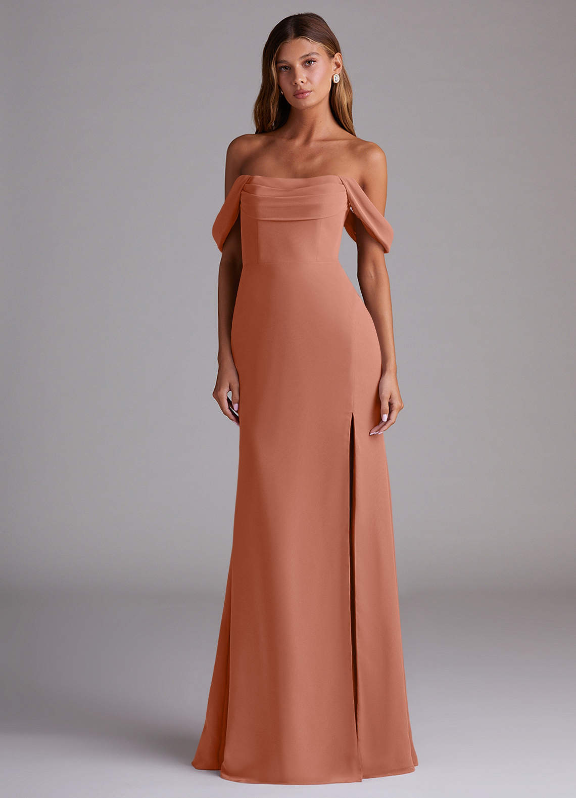 Saige A-Line Off-the-Shoulder Chiffon Bridesmaid Dress in MAI TAI