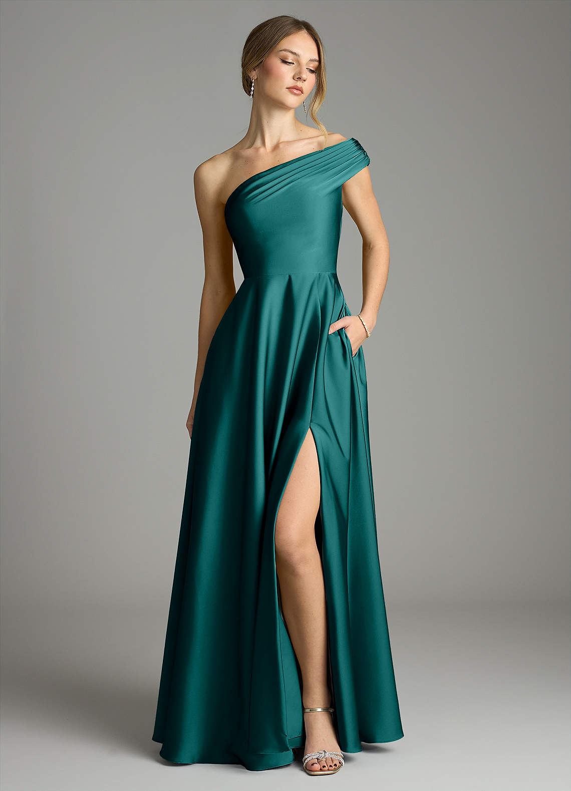 Melanie A-Line One-Shoulder Stretch Satin Bridesmaid Dress in Peacock