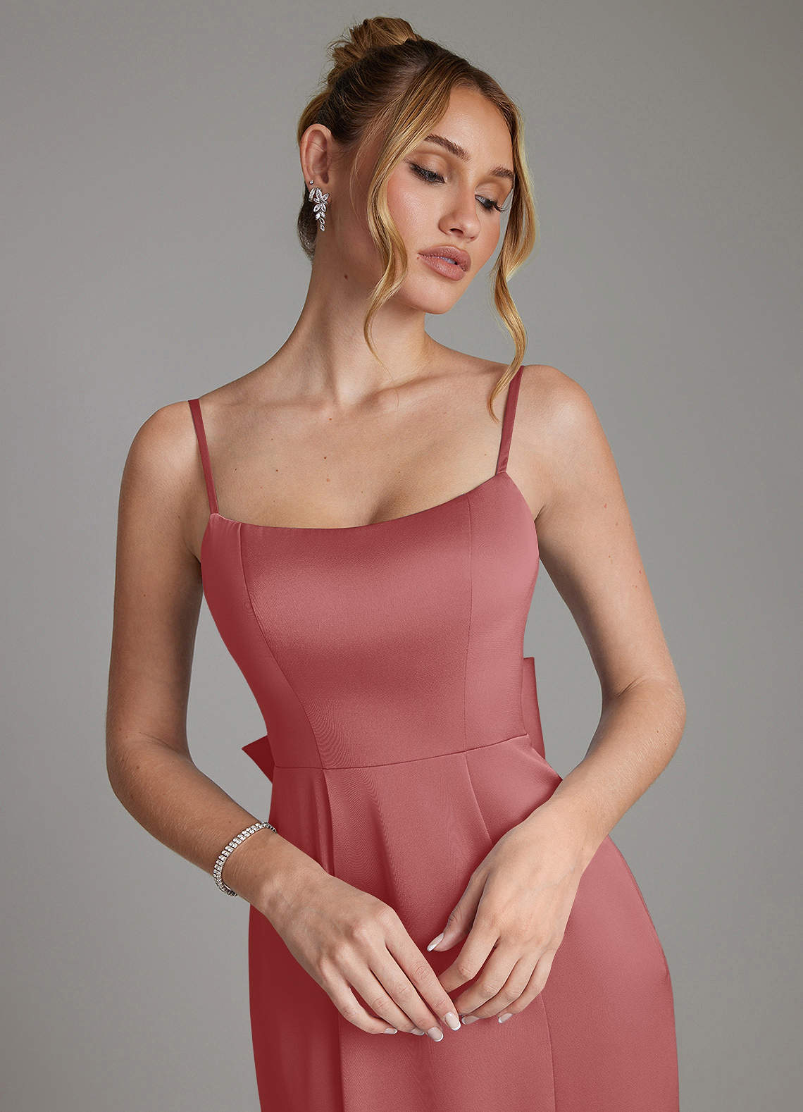Zherra Mermaid Scoop-Neck Stretch Satin Bridesmaid Dress in Antique Rose