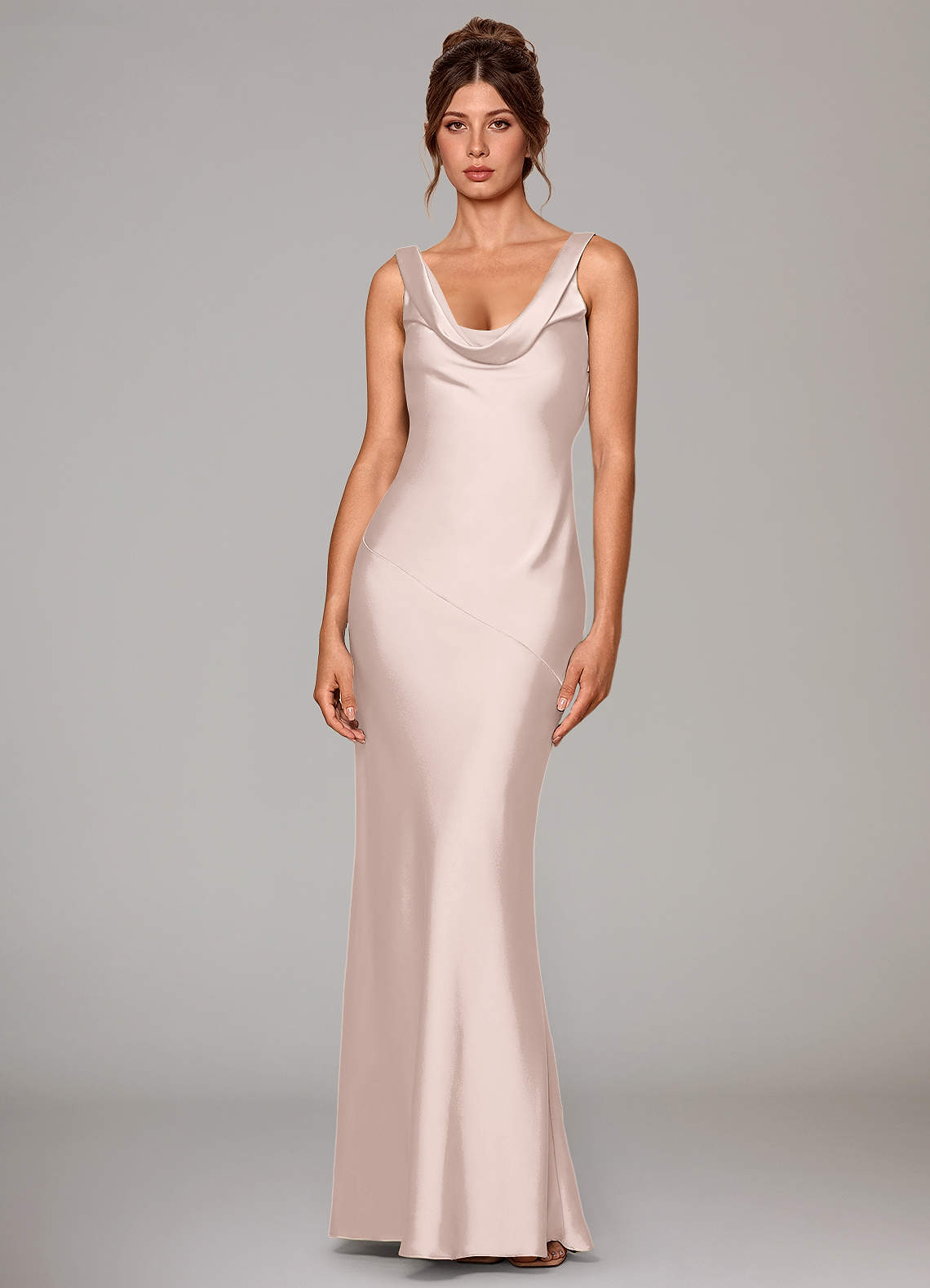 Rylina Mermaid Cowl-Neck Stretch Satin Bridesmaid Dress in Blushing Pink