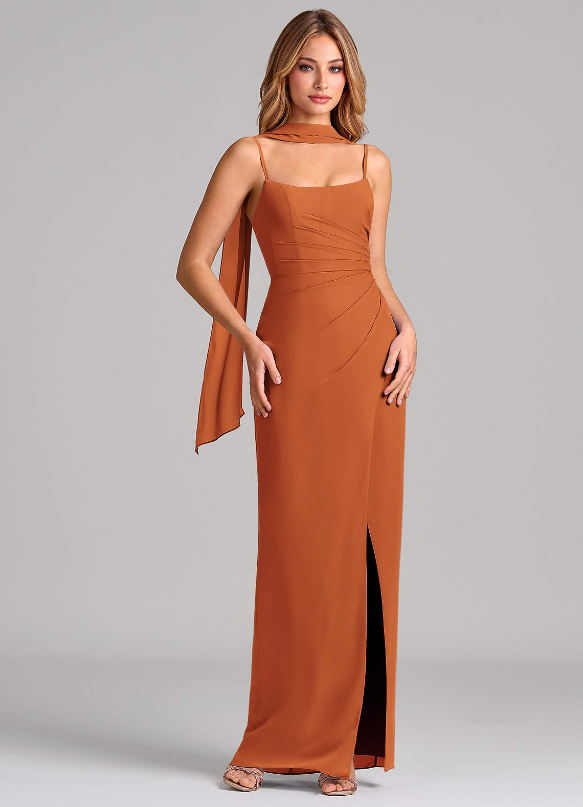 Calandra Sheath Scoop-Neck Chiffon Bridesmaid Dress in Cinnamon