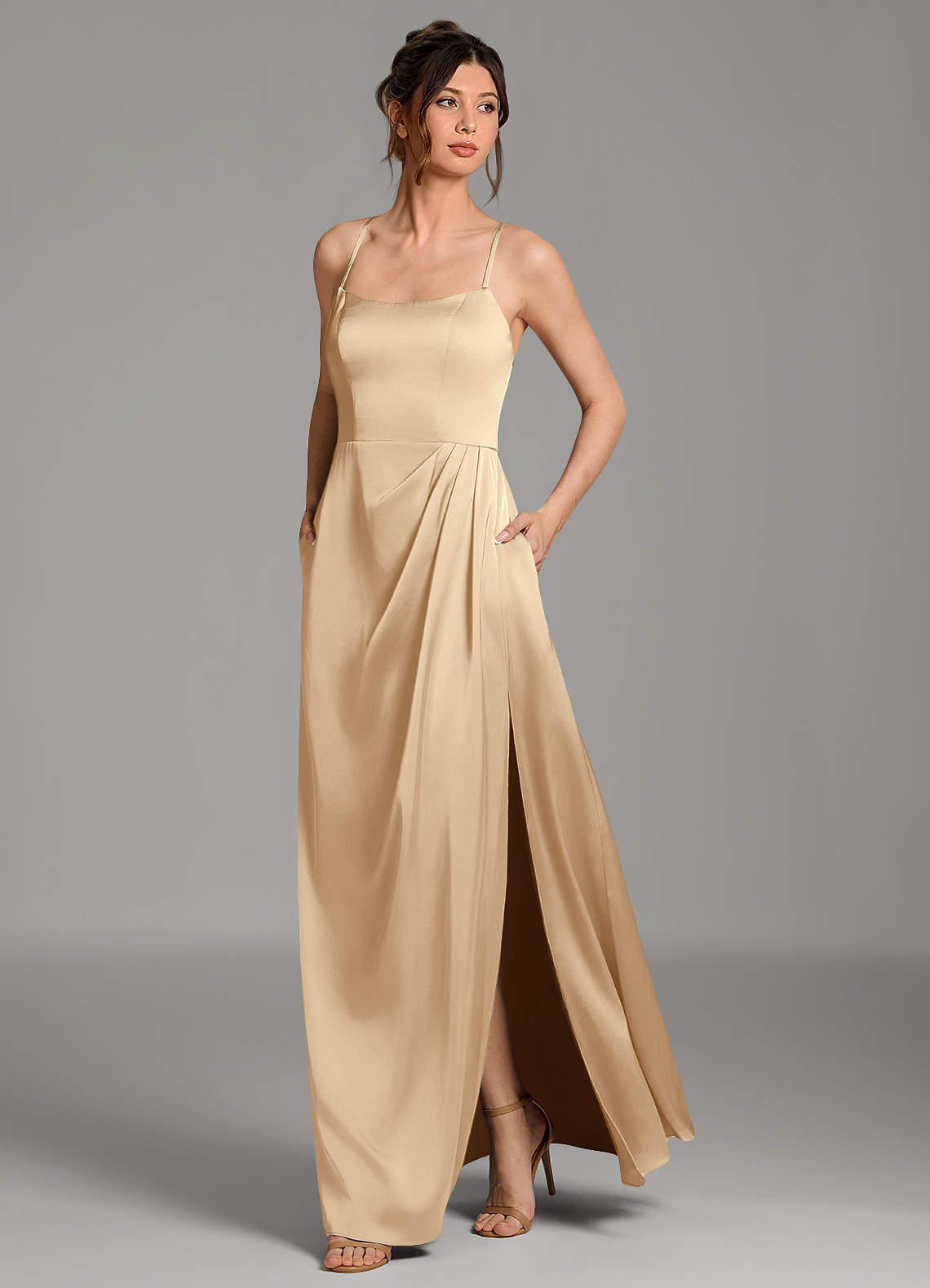 Frankie A-Line Scoop-Neck Stretch Satin Bridesmaid Dress in Champagne