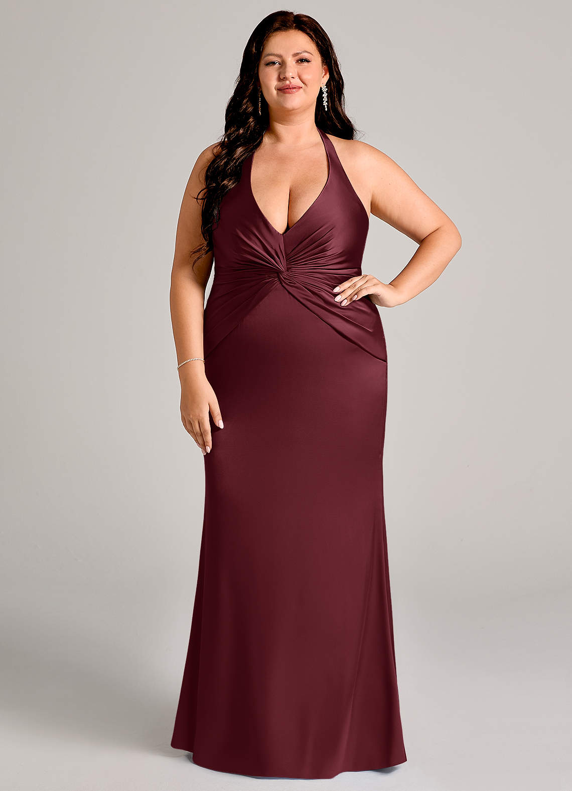 Valerie Mermaid V-Neck Stretch Satin Bridesmaid Dress in Cabernet