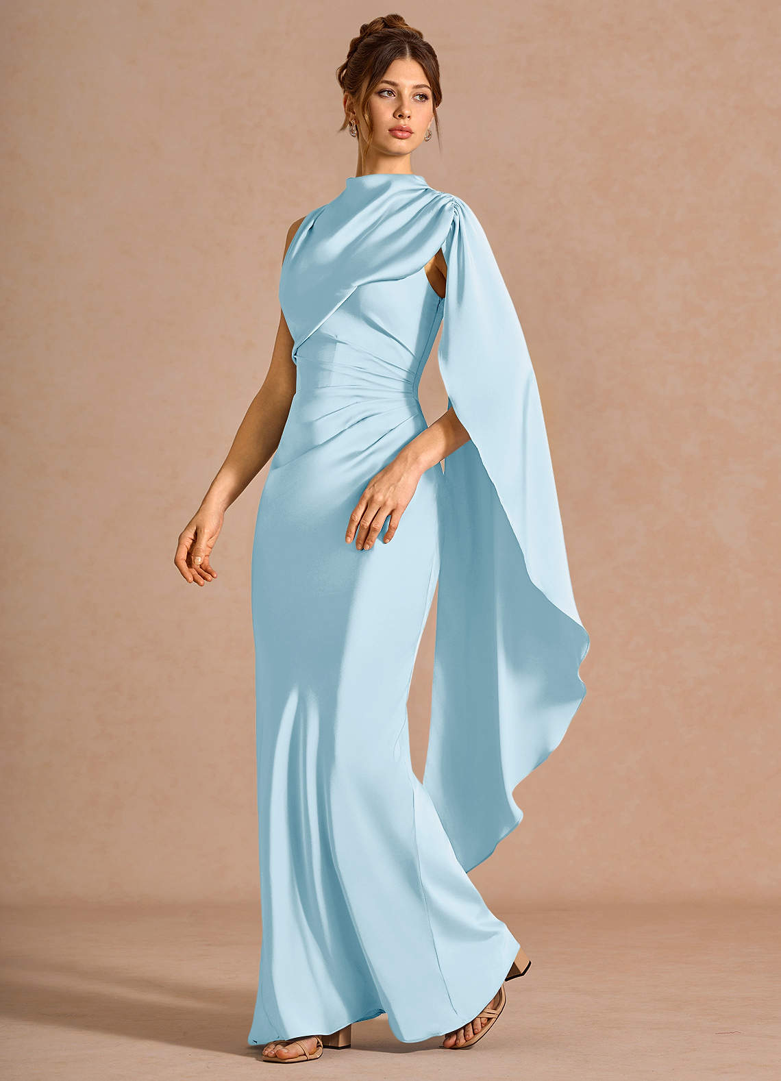 Chesney Cape-Sleeve Pleated Stretch Satin Wedding Guest Dress in Sky Blue