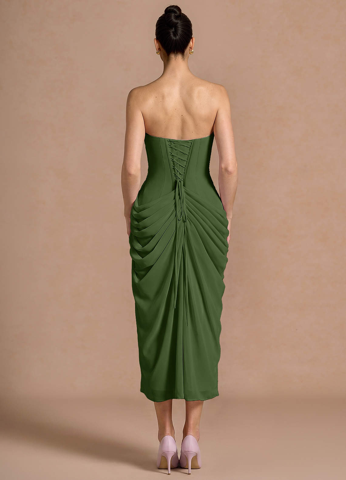 Kaavia Column Pleated Chiffon Midi Evening Dress in Olive