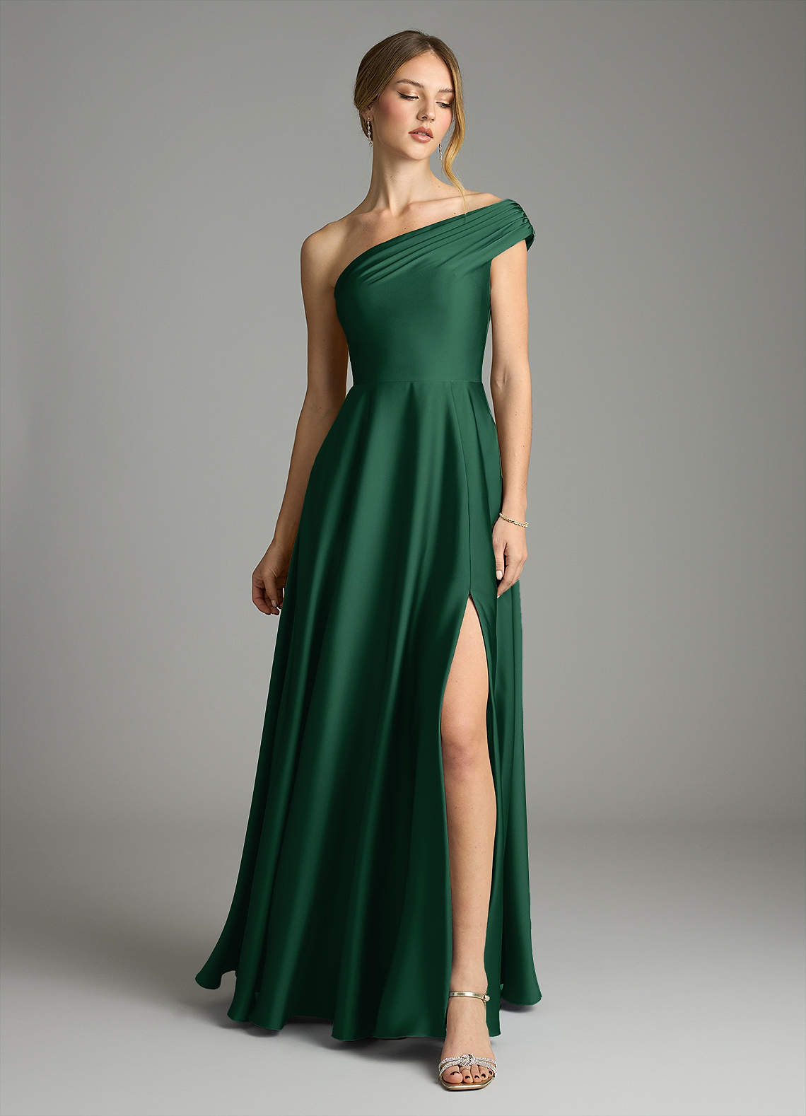 Melanie A-Line One-Shoulder Stretch Satin Bridesmaid Dress in Dark Green