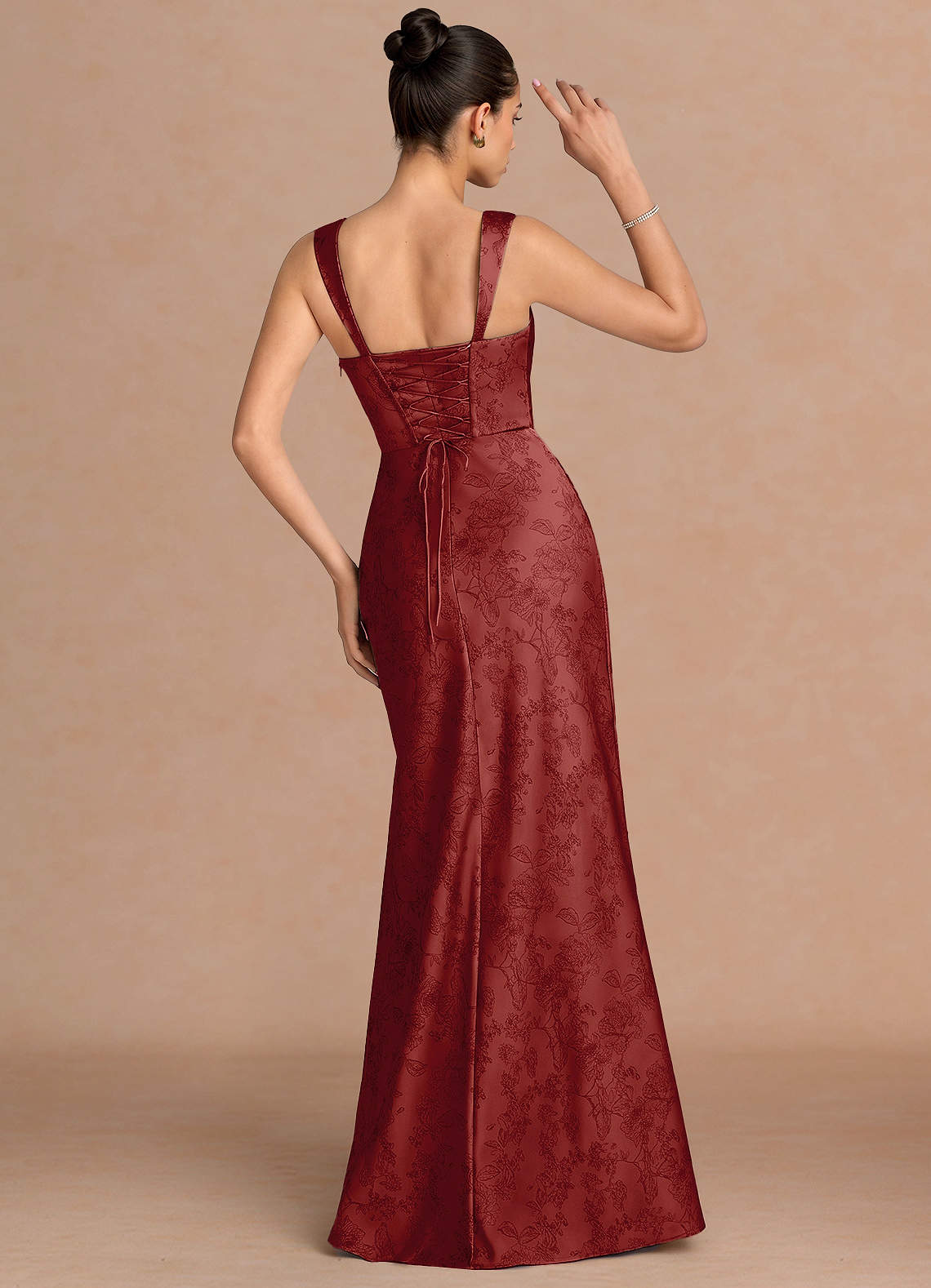 Agustina Square-Neck Pleated Jacquard Evening Dress in Orange Red