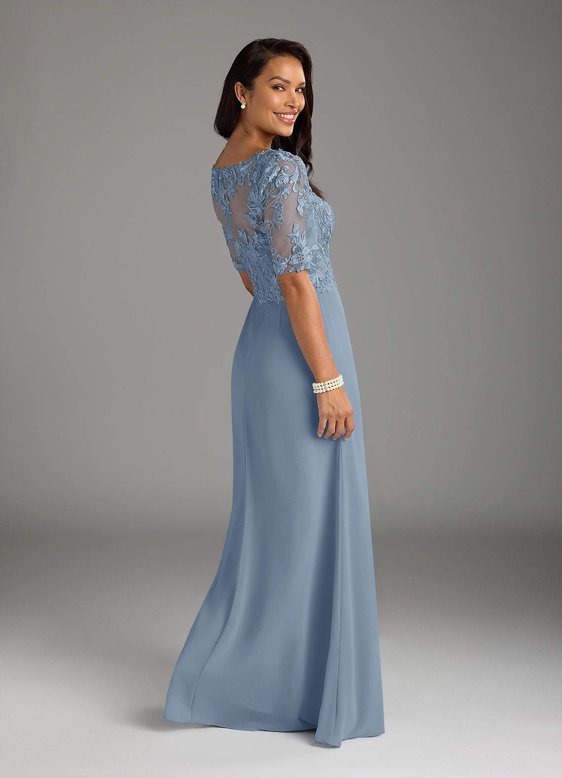 Amedeus A-Line V-Neck Chiffon and Lace Mother of the Bride Dress in dusty blue