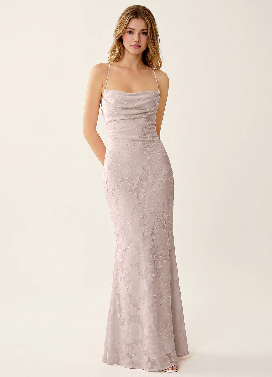 Natasha Mermaid Spaghetti-Strap Floral Burnout Evening Dress in Powder Pink