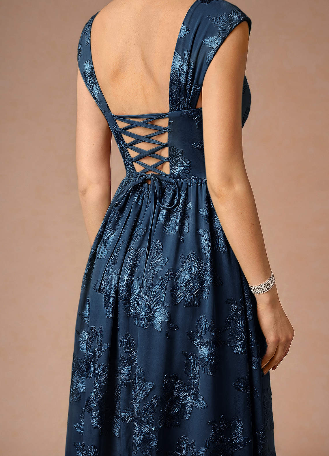 Hazel A-Line Cowl-Neck Floral Mesh Wedding Guest Dress in Navy