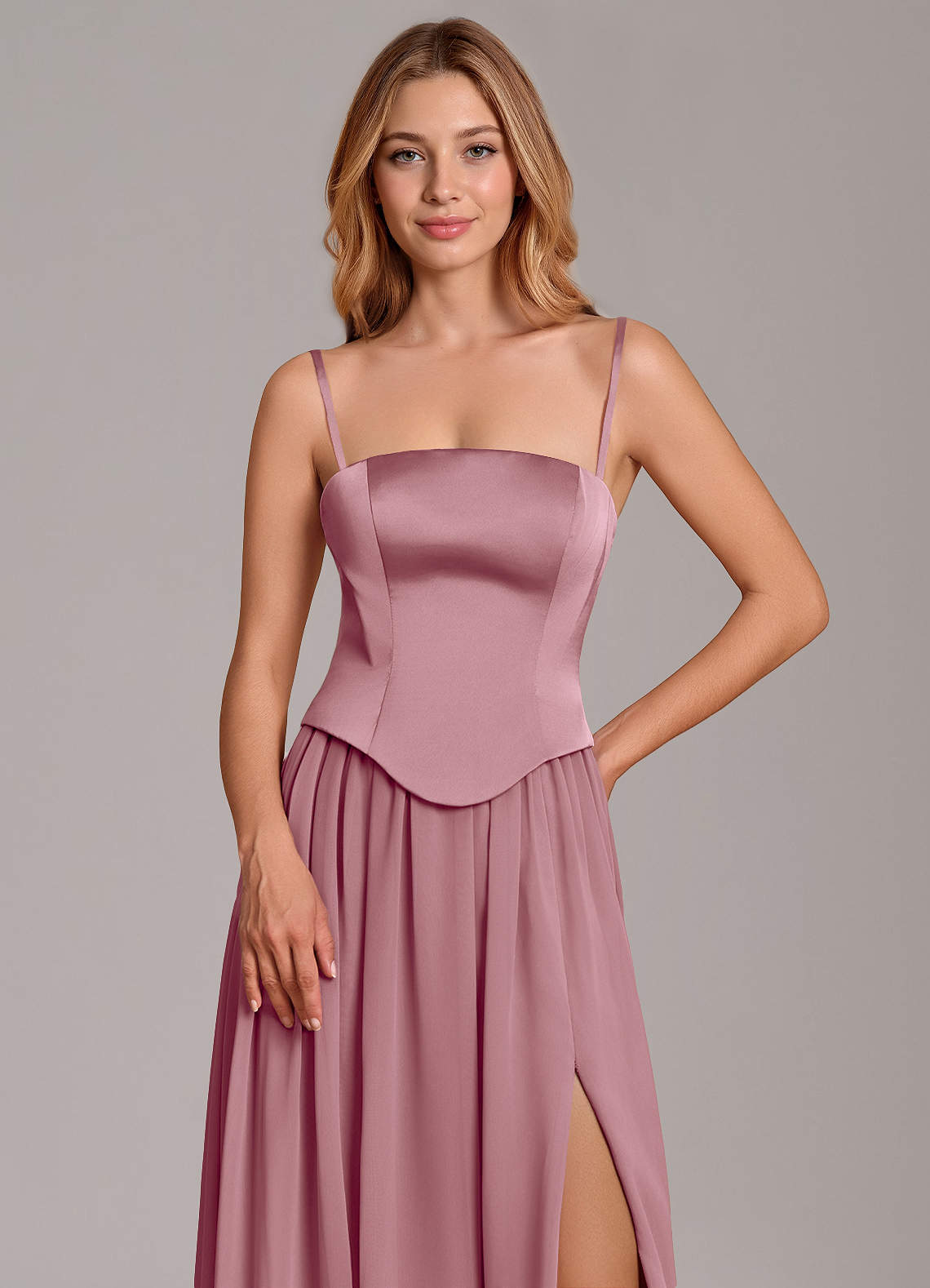 Cadence A-Line Strapless Chiffon and Stretch Satin Bridesmaid Dress in Vintage Mauve