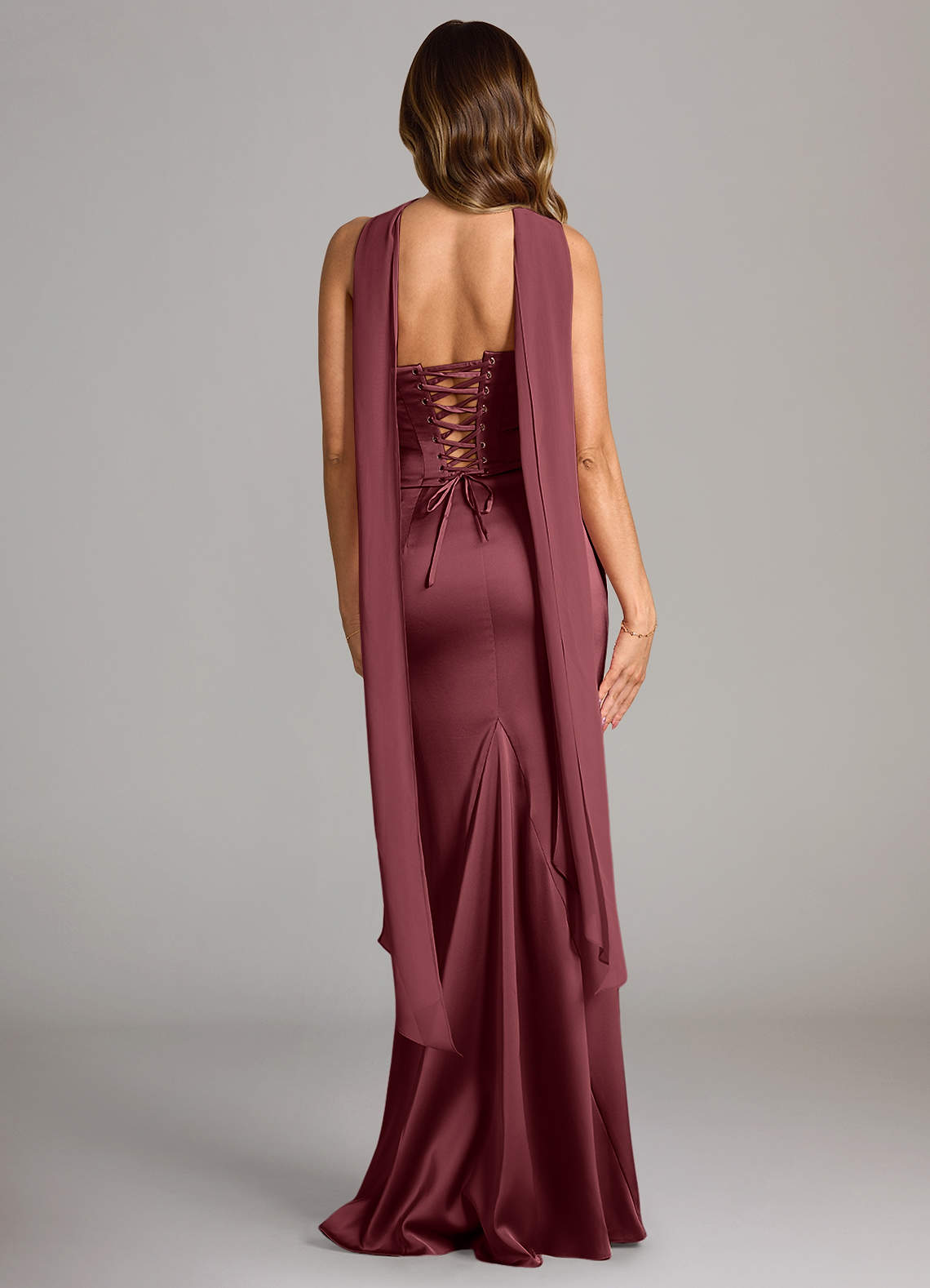 Sorrel Mermaid Cowl-Neck Stretch Satin and Chiffon Bridesmaid Dress in Merlot