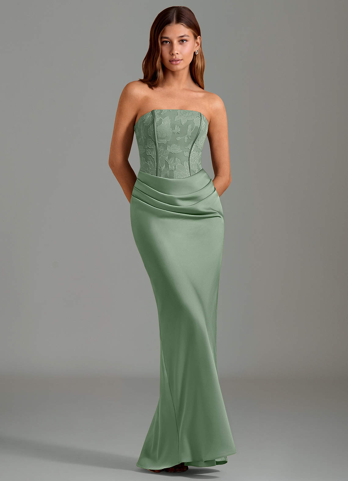 Emilia Mermaid Strapless Stretch Satin and Floral Burnout Bridesmaid Dress in Matcha