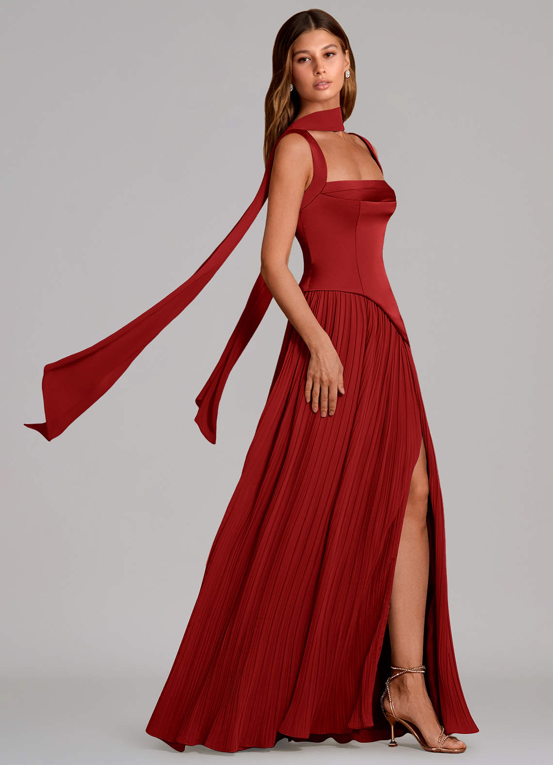 Stephanie A-Line Square-Neck Stretch Satin and Chiffon Bridesmaid Dress in Pomegranate