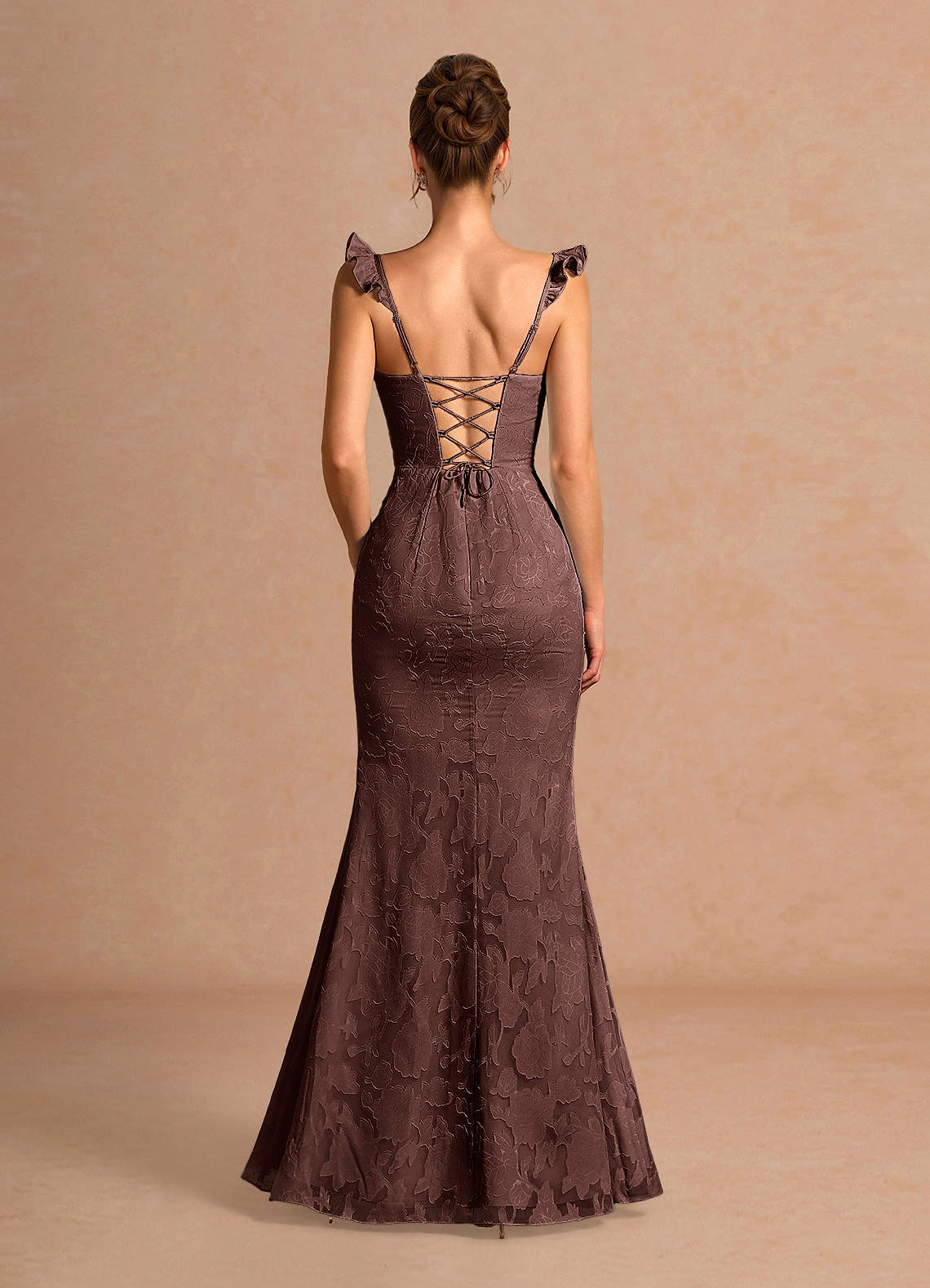Romilly Mermaid Ruffled Chiffon Burnout Evening Dress in Mocha Coco