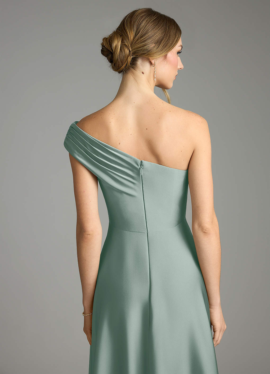 Melanie A-Line One-Shoulder Stretch Satin Bridesmaid Dress in Silver Sage