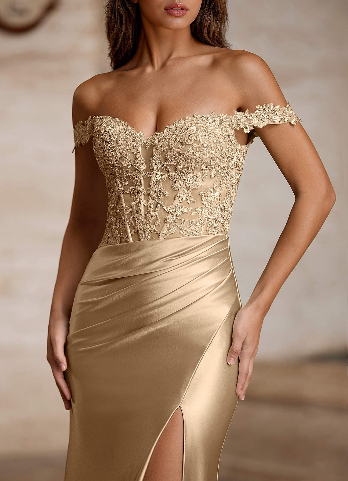 Wrentino Mermaid Off-the-Shoulder Stretch Satin Evening Dress in champagne