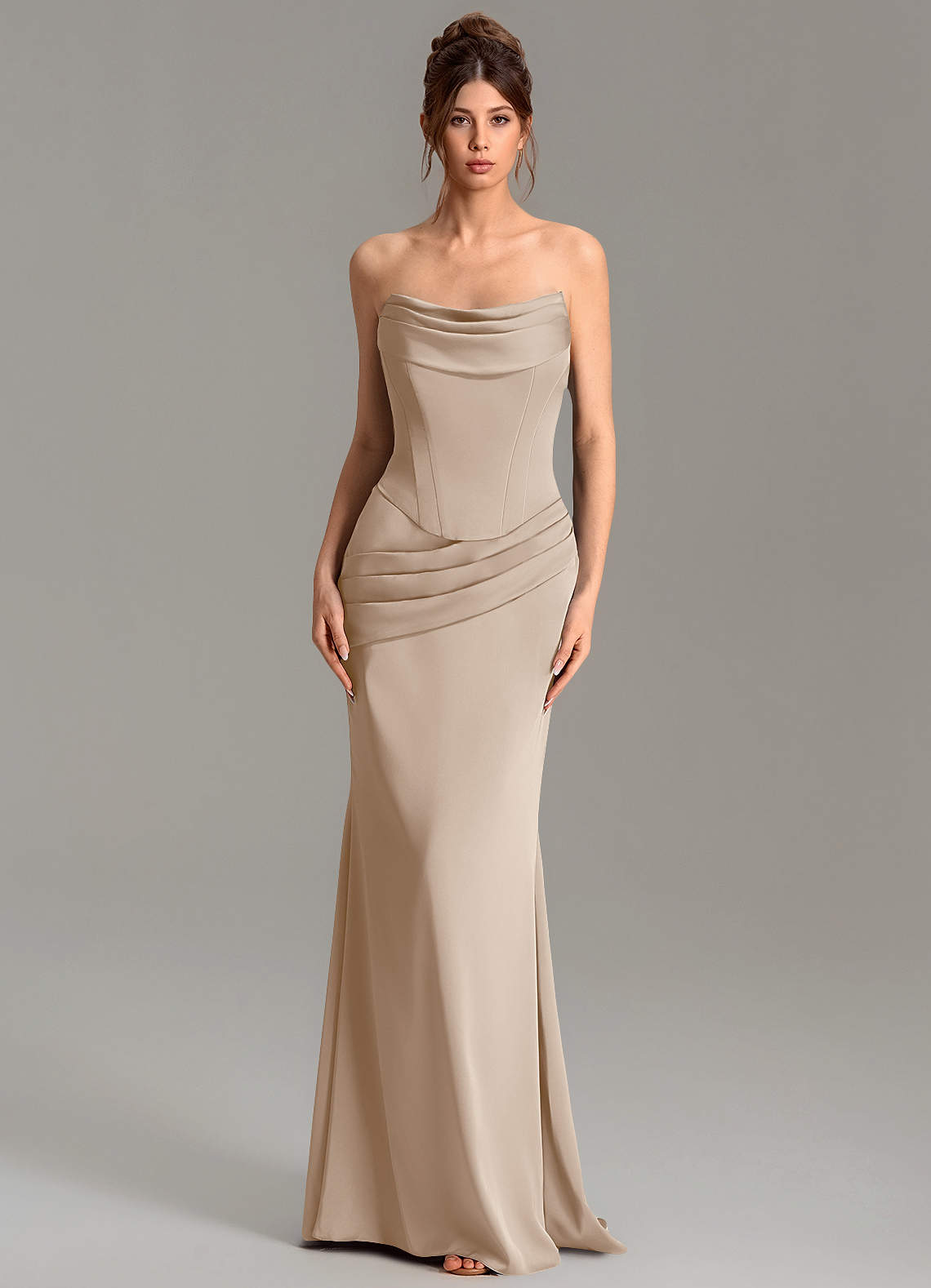 Adrienne Mermaid Cowl-Neck Stretch Satin Bridesmaid Dress in Taupe