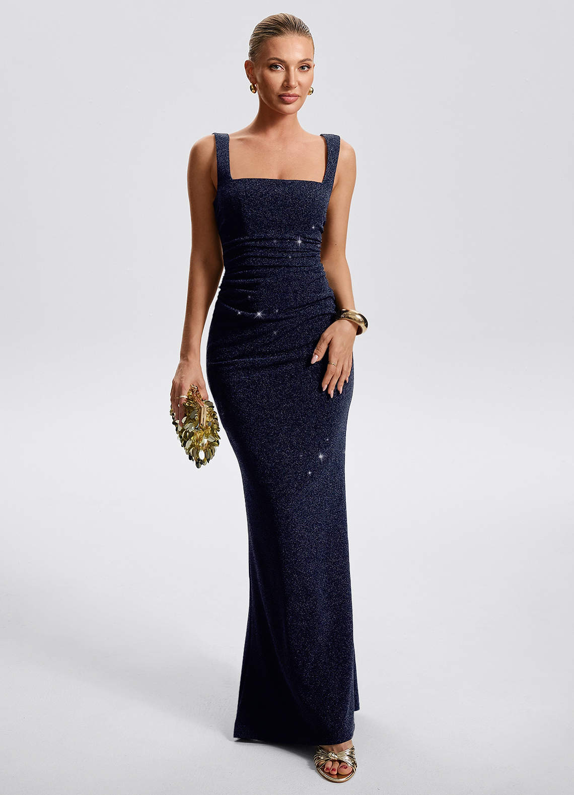 Eira Sheath Square-Neck Metallic Knit Evening Dress in Dark Navy