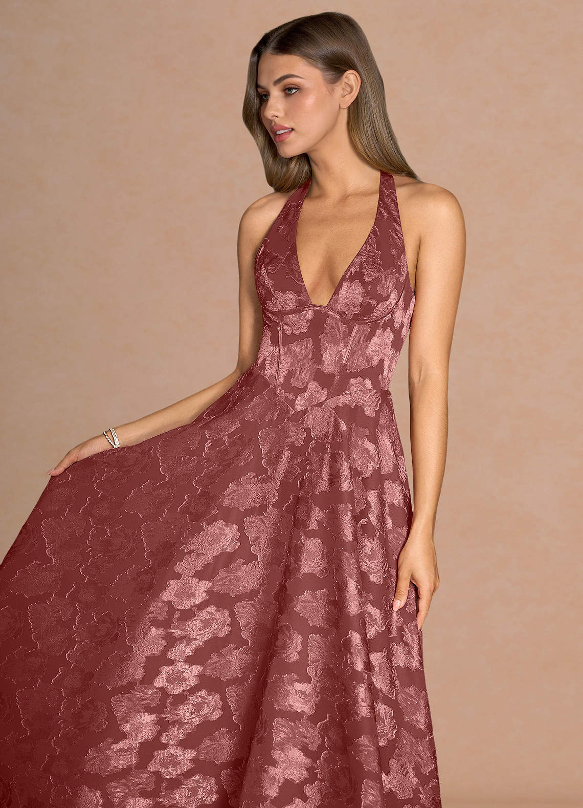 Isabeau A-Line V-Neck Fil Coupé Evening Dress in Vintage Rose