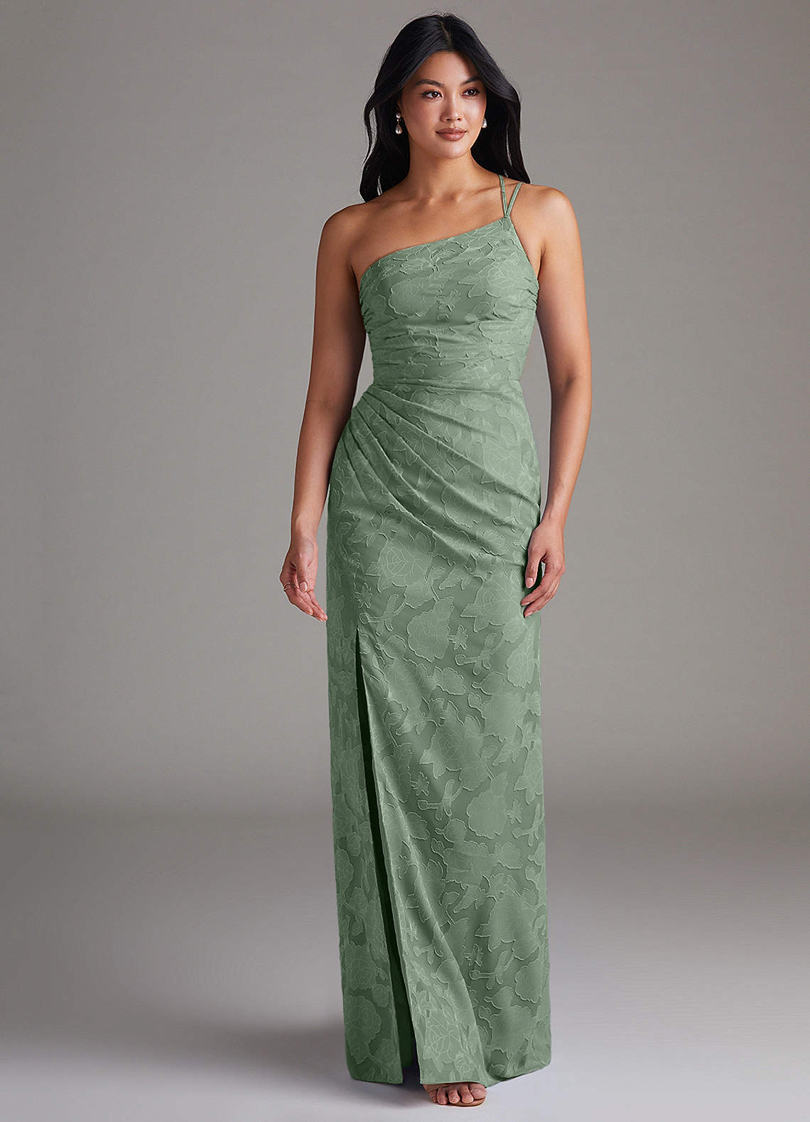 Eren Sheath One-Shoulder Floral Burnout Bridesmaid Dress in Matcha