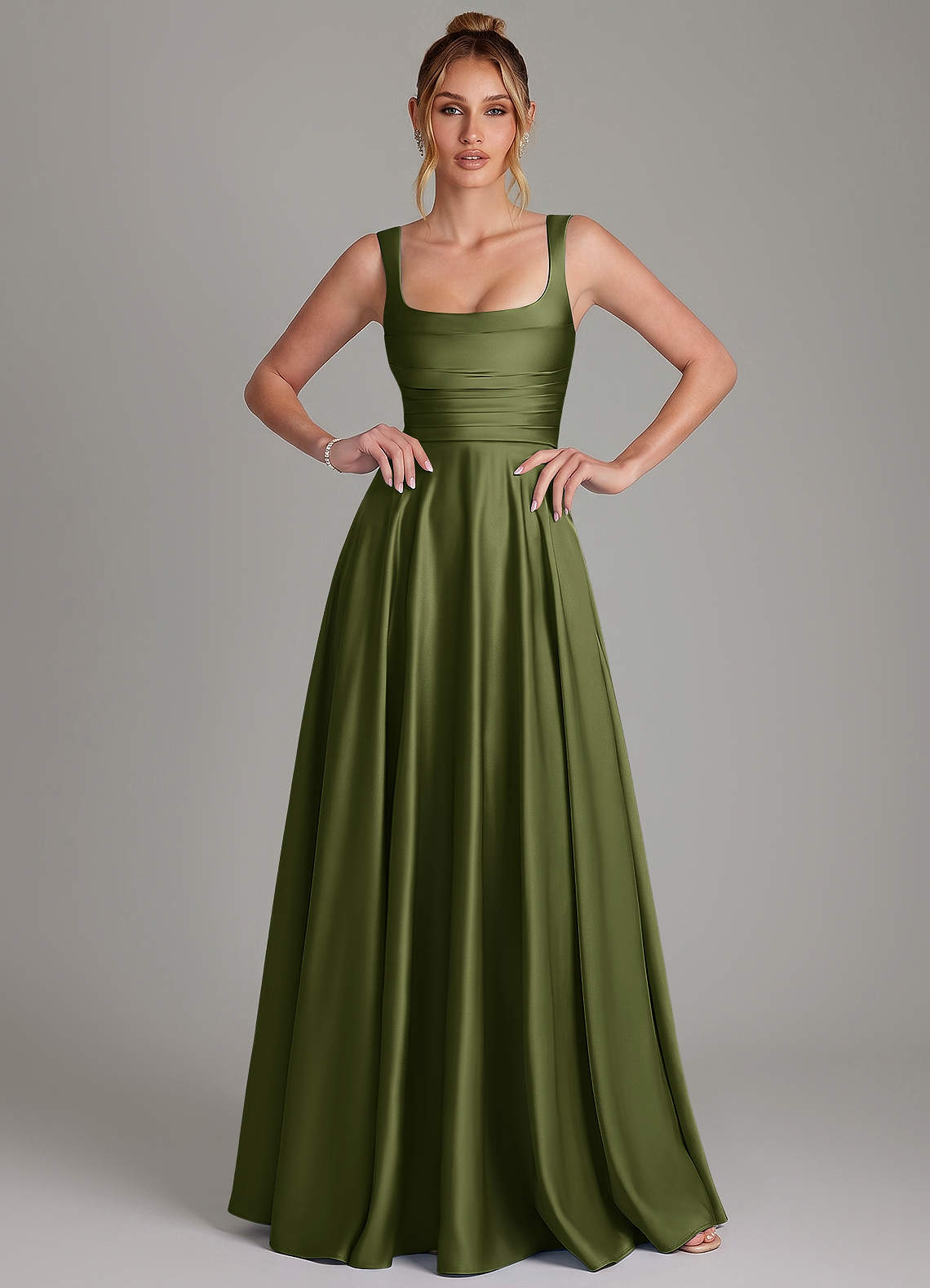 Azaria A-Line Square-Neck Stretch Satin Bridesmaid Dress in Olive