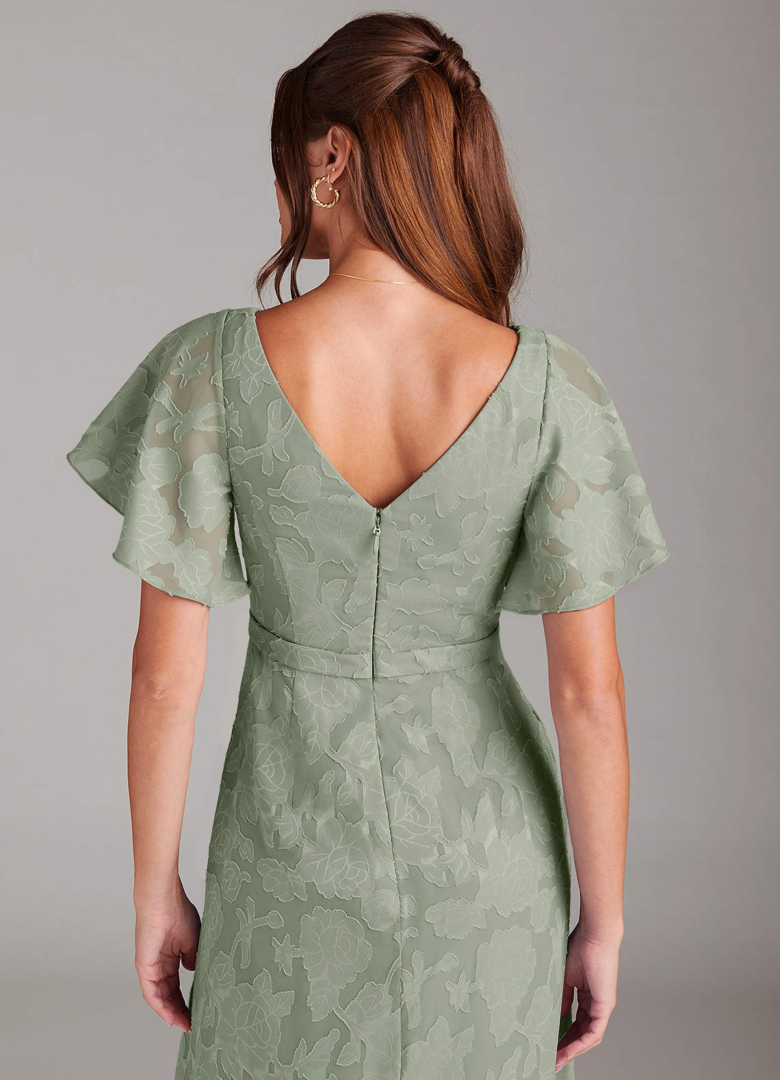 Ambrosia A-Line V-Neck Floral Burnout Bridesmaid Dress in Agave