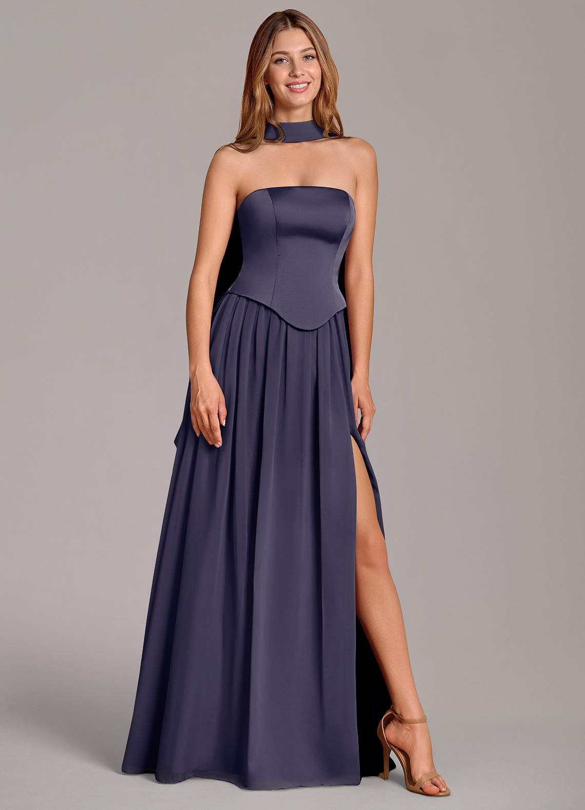 Cadence A-Line Strapless Chiffon and Stretch Satin Bridesmaid Dress in Stormy