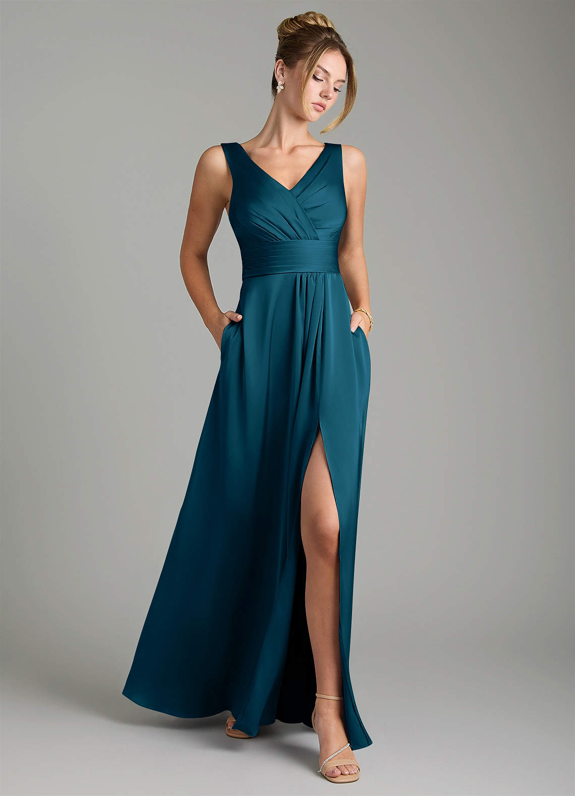 Karina A-Line V-Neck Stretch Satin Bridesmaid Dress in Ink Blue
