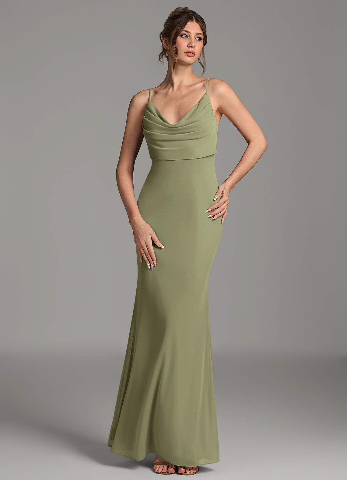 Zari Mermaid Cowl-Neck Mesh Bridesmaid Dress in Pistachio