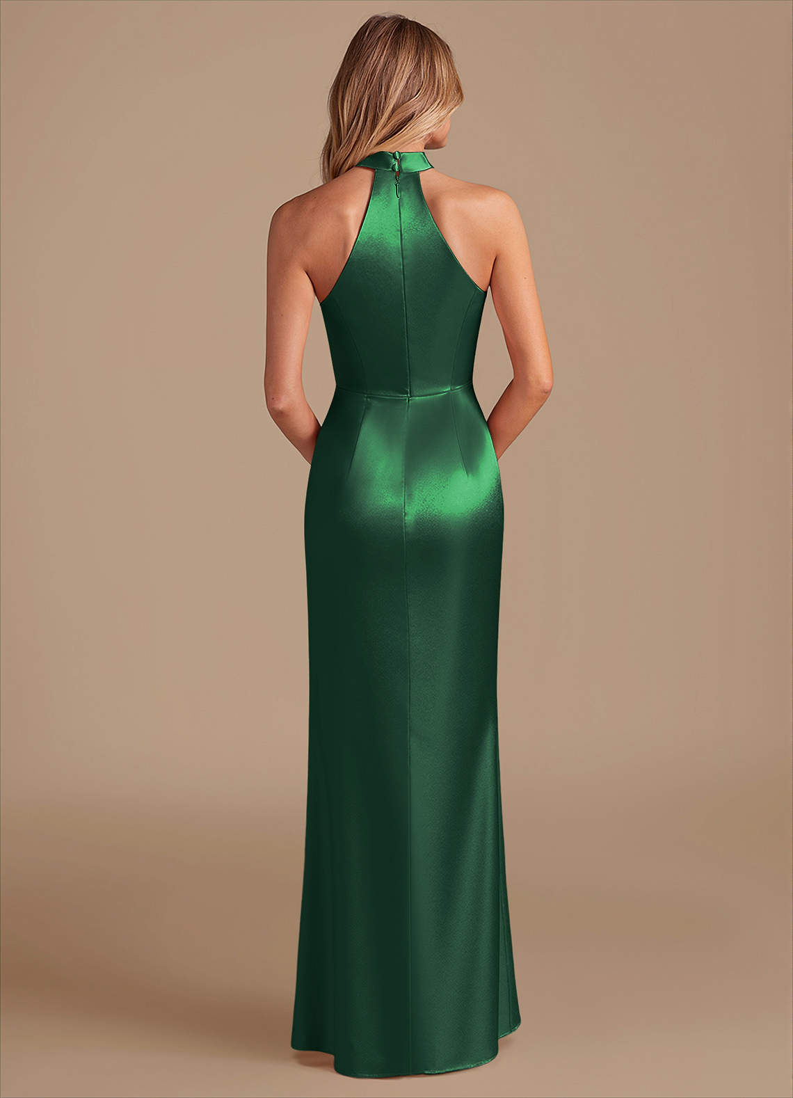 Karlotta Sheath Halter-Neck Metallic Satin Bridesmaid Dress in Dark Green
