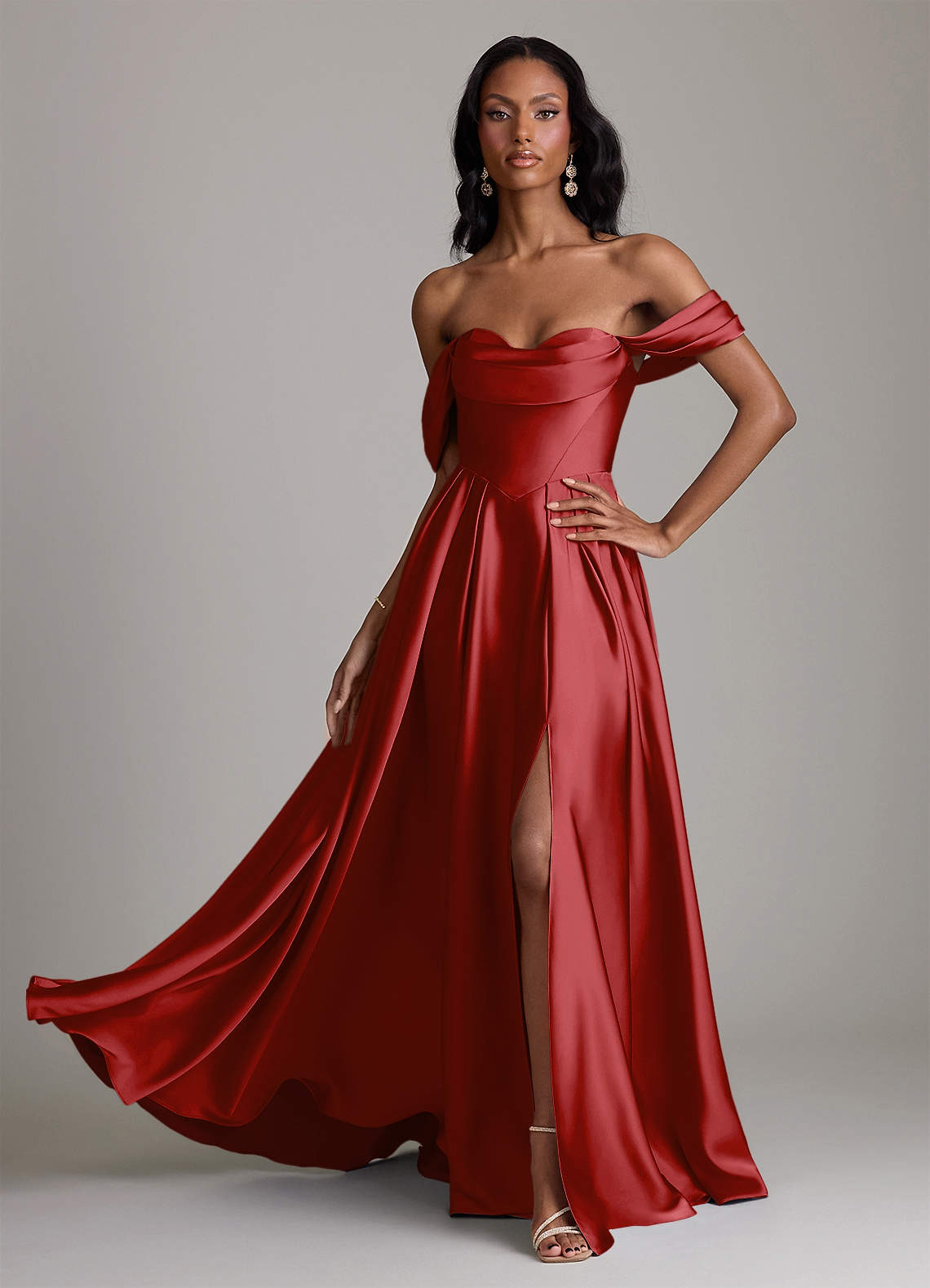 Loisa A-Line Off-the-Shoulder Stretch Satin Bridesmaid Dress in Pomegranate