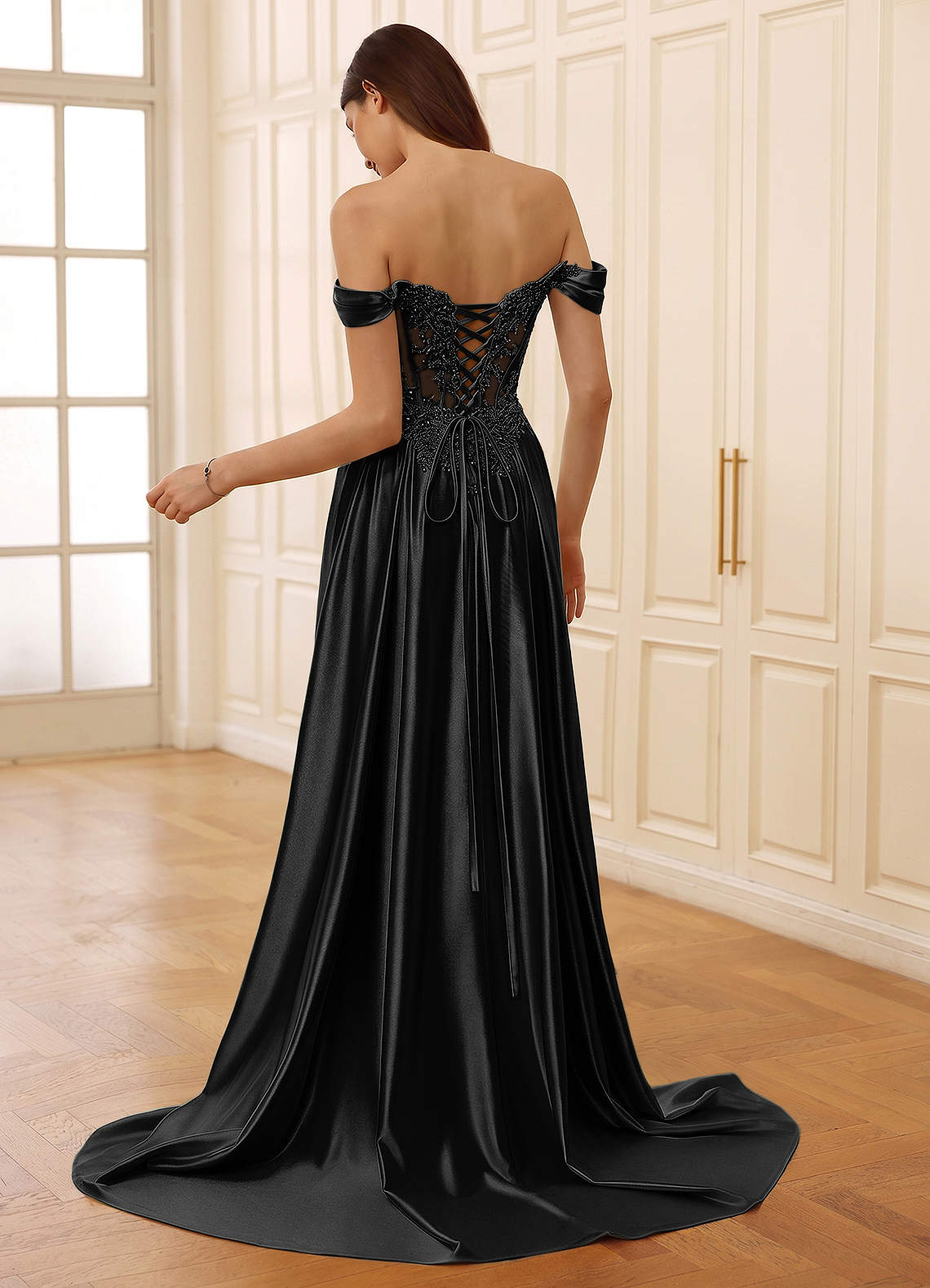 Rowane A-Line Off-the-Shoulder Satin Evening Dress in black