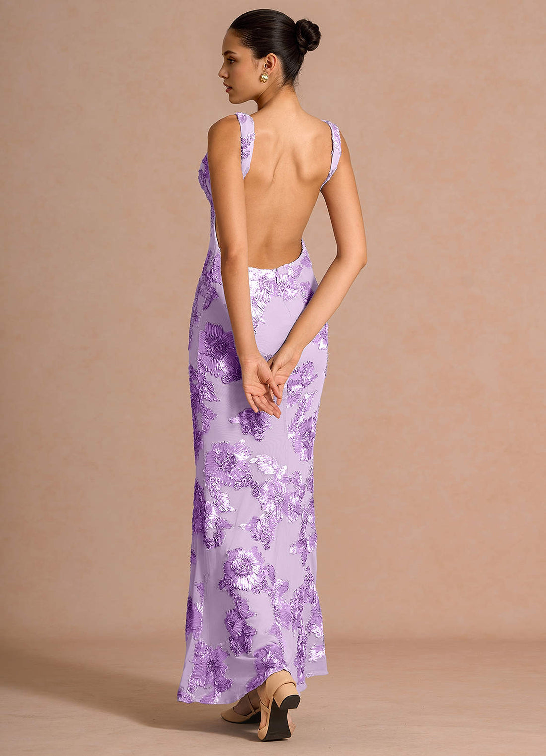 Ivellea Mermaid V-Neck Mesh Evening Dress in Frosted Lilac