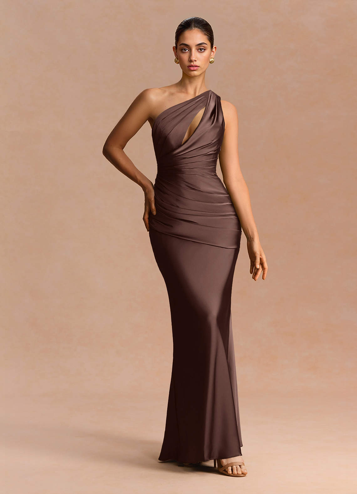 Guinevere One-Shoulder Cutout Stretch Satin Evening Dress in Truffle
