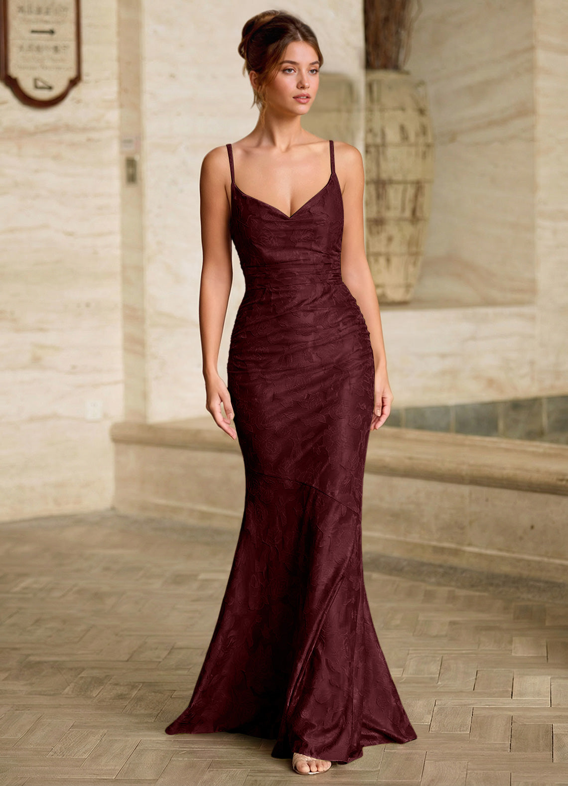 Leahenmo Mermaid Cowl-Neck Floral Burnout Prom Dress in Wine - photo 3